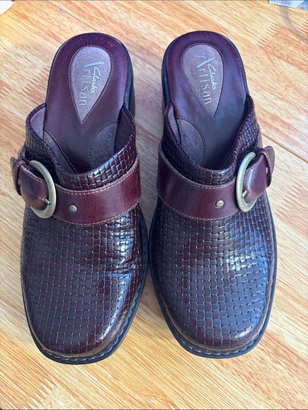 Clarks Artisan Burgundy Woven Leather Buckle Mules